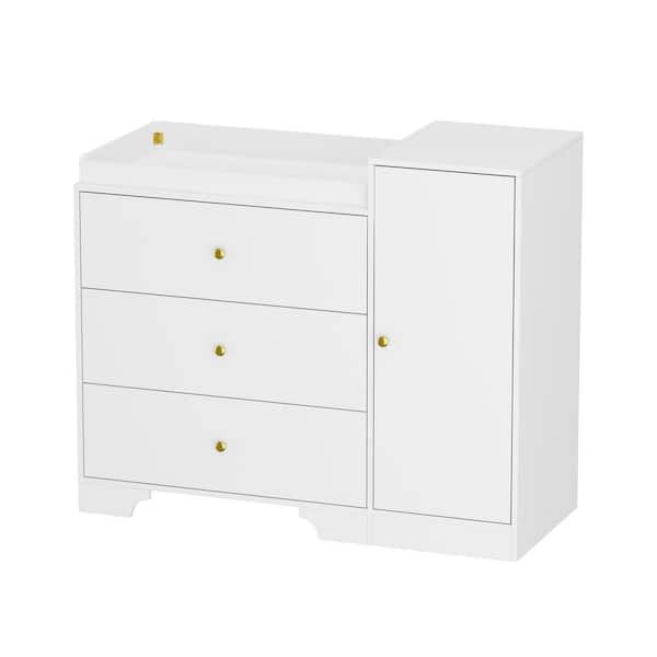FUFU&GAGA White 3-Drawer 47.2 in. Width Wood Changing Table, Nursery Dresser Storage Organizer, Diaper Changing Table with 2-Shelf