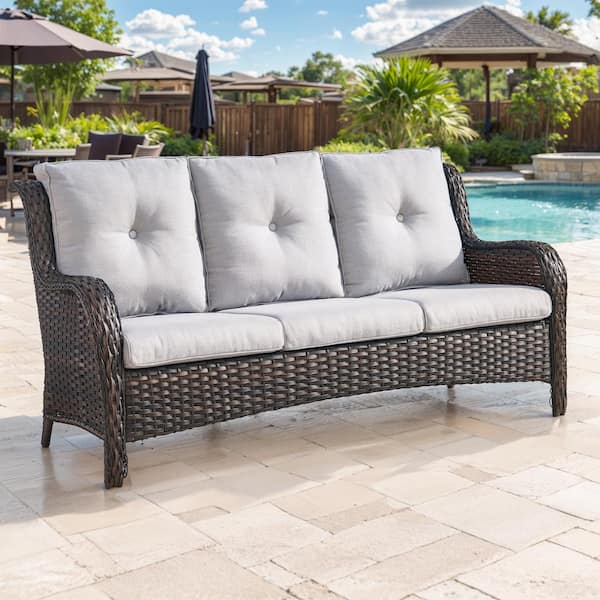 3-Seat Brown PE Wicker Outdoor Couch with Beige Cushions