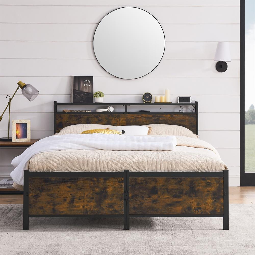 Black Iron Frame Queen Platform Bed with a USB Charging Port