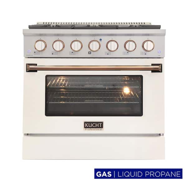 Custom KNG 36 in. 5.2 cu. ft. Propane Gas Range with Convection Oven in White with White Knobs and Gold Handle