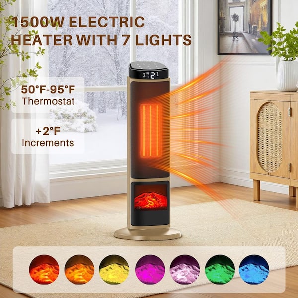 Gold 1,500-Watt 23.6 in. Thermostat Electric Patio Heater with Remote and 7 Light Colors, 70°Oscillation