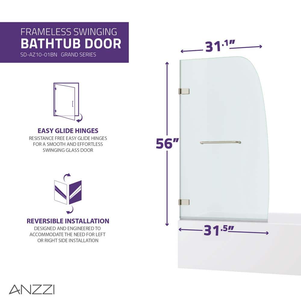 Vensea Brushed Nickel Frameless Hinged Tub Door with Tsunami Guard