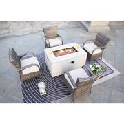 Tilia 5-Pieces Rock and Fiberglass Fire Pit Table Conversation set with 4 Wicker Chairs with Gray Cushions