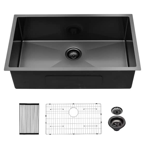 32 in. Undermount Single Bowl 16 Gauge Gunmetal Black Stainless Steel Kitchen Sink with Bottom Grids