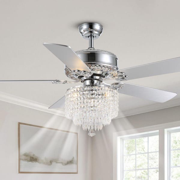 52 In. Indoor Modern Downroad Mount Silver Crystal Beads Ceiling Fan Reversible Fandelier with Remote No Bulb Included