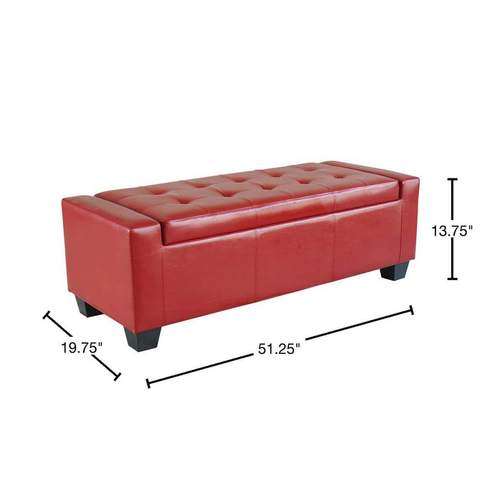 Bright Red Tufted Faux Leather Storage Footstool Bench