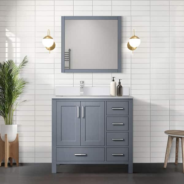 Lexora Jacques 36 in. W x 22 in. D Left Offset Dark Grey Bath Vanity, Cultured Marble Top, and 34 in. Mirror