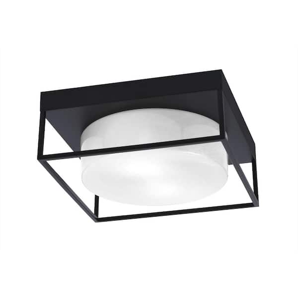 Unbranded Ashland 12 in. 2 Light Matte Black Flush Mount with White Marble Glass Shade No Bulbs Included