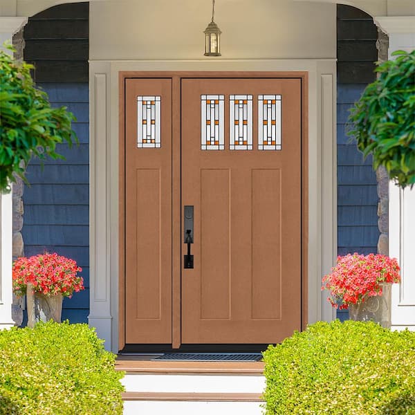 Regency 53 in. x 80 in. 3Lite Amberton Deco Glass RHIS AutumnWh Stain Fir Grain Fiberglass Prehung Front Door w/14in.SL