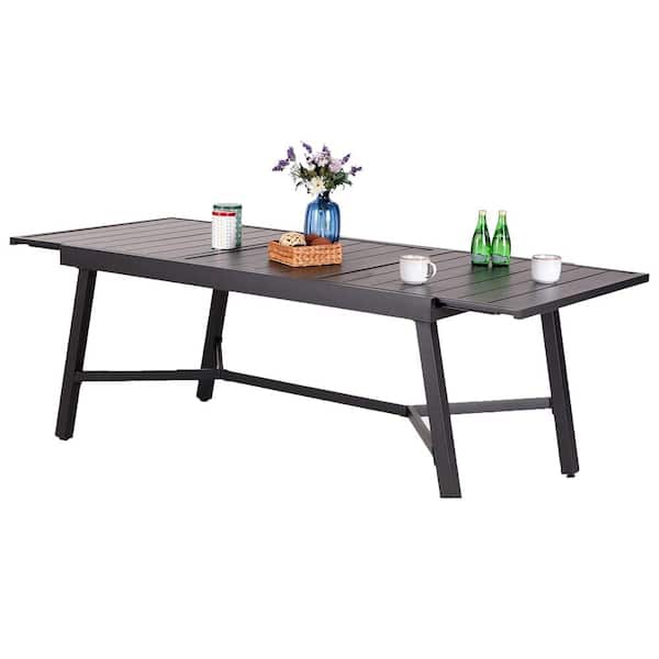 Outdoor Black Rectangular Metal Frame Expandable Dining Table Inclined Leg for Lawn Garden, 6-8 Person