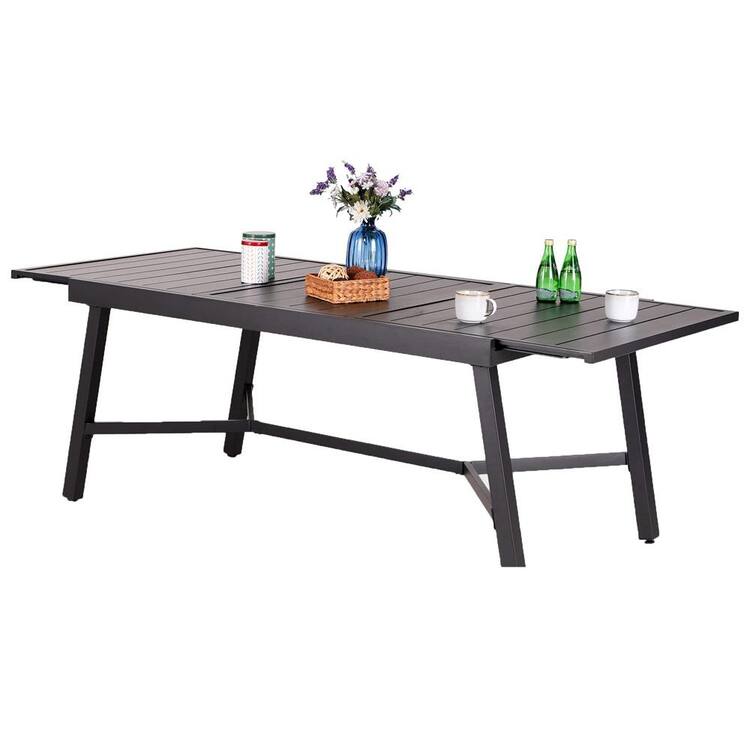 Oyezvary Outdoor Black Rectangular Metal Frame Expandable Dining Table Inclined Leg for Lawn Garden, 6-8 Person