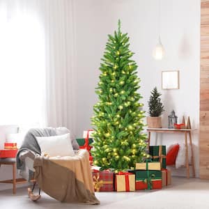 7 ft. Pre-lit Pencil Artificial Christmas Tree Hinged Fir Tree Holiday Decor with LED Lights