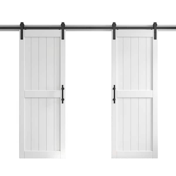36 in. x 84 in. (Double 18 inch) White Paneled H Shape Solid MDF Sliding Barn Door with Hardware Kit