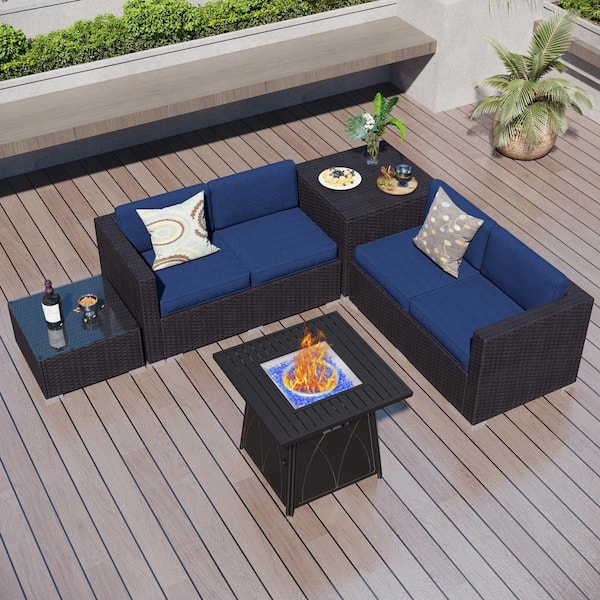 Black Rattan Wicker 4 Seat 5-Piece Steel Outdoor Fire Pit Patio Set with Blue Cushions and Square Fire Pit Table