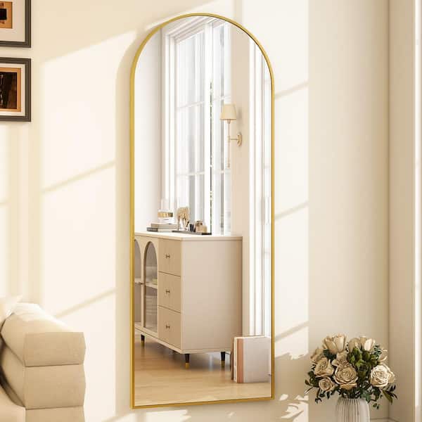 XRAMFY Arched Modern Aluminum Alloy Framed Gold Full Length Floor Mirror Wall Mirror 24 in. W x 65 in. H