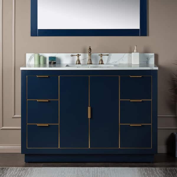 WOODBRIDGE Venice 49 in.W x 22 in.D x 38 in.H Bath Vanity in Navy Blue with Fish Belly Engineered Stone Vanity Top with White Sink
