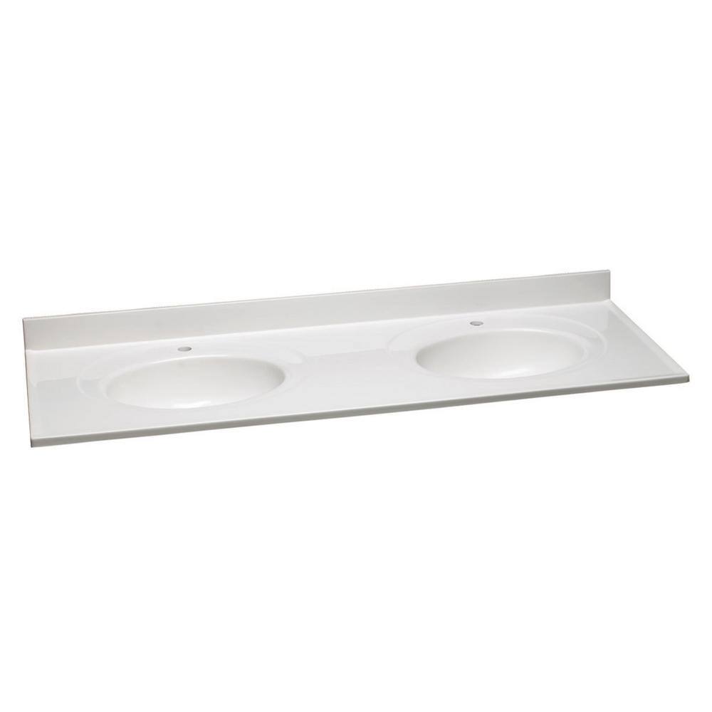 Solid White Cultured Marble Double Sink Vanity Top with Integrated Backsplash, 61-Inch