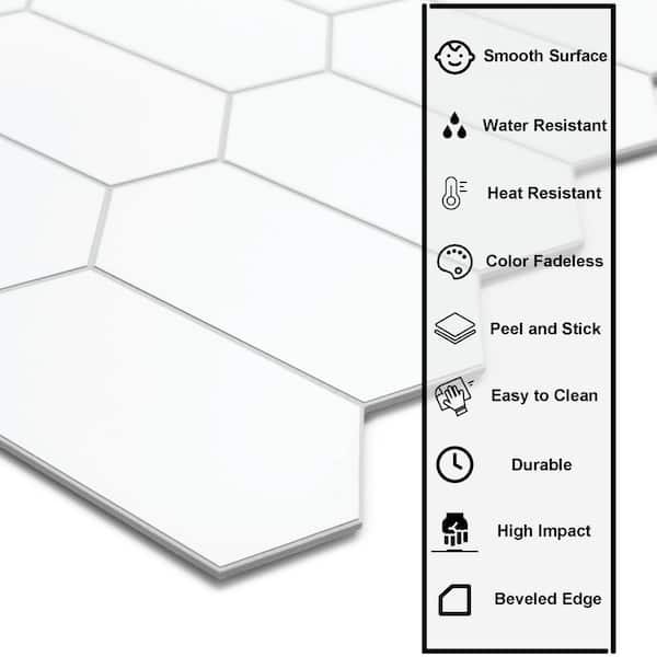 Small Long Hexagon 12 in. x 11.5 in. White Peel and Stick Backsplash Stone Composite Wall Tile (10-Tiles, 9.68 sq. ft.)