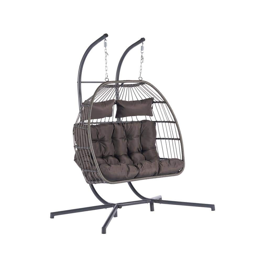 2-Person Outdoor Rattan Hanging Chair Patio Wicker Egg Chair with Sofe Cush