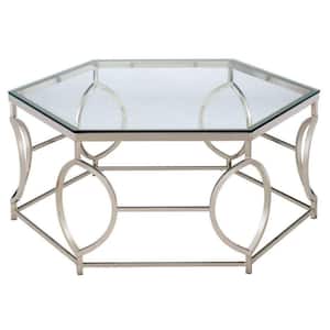 40 in. Chrome Hexagonal Glass Coffee Table with Geometric Base