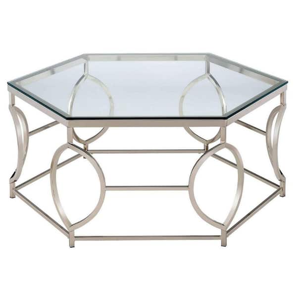 Benjara 40 in. Chrome Hexagonal Glass Coffee Table with Geometric Base
