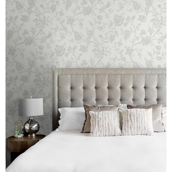 40.5 sq. ft. Harbor Mist Grey Jasmine Chinoiserie Vinyl Peel and Stick Wallpaper Roll