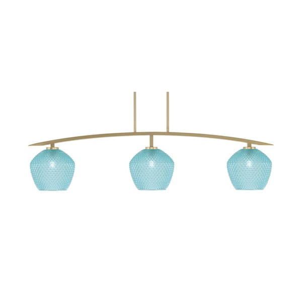 Unbranded Siena 3-Light New Age Brass Billiard Light with 9 in. Turquoise Textured Glass Shades No Bulbs Included
