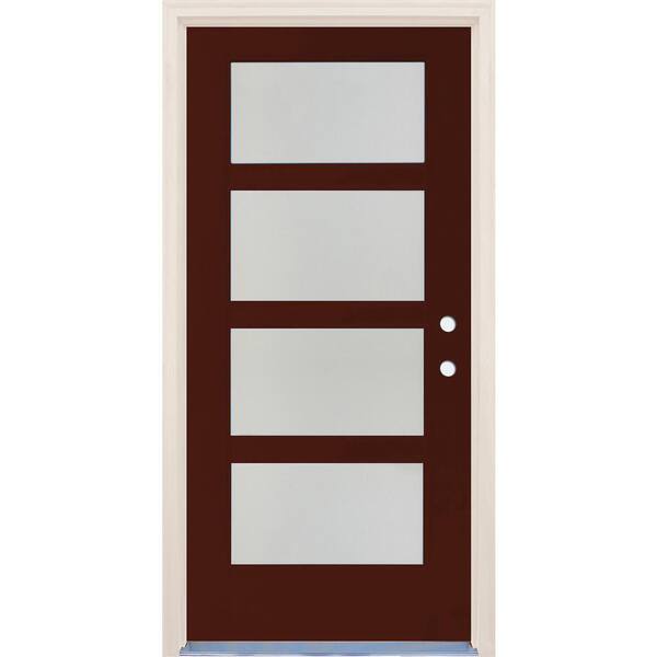 Builders Choice 36 in. x 80 in. Left-Hand/Inswing 4 Lite Satin Etch Glass Chestnut Fiberglass Prehung Front Door w/6-9/16" Frame