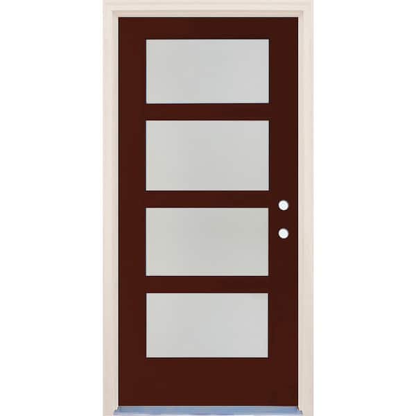 Builders Choice 36 in. x 80 in. Left-Hand/Inswing 4 Lite Satin Etch Glass Chestnut Fiberglass Prehung Front Door w/6-9/16" Frame
