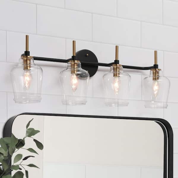Zevni 28.5 in. 4-Light Black Bathroom Vanity Light, Bell Clear Glass Bath Lighting, Modern Farmhouse Brass Gold Wall Sconce