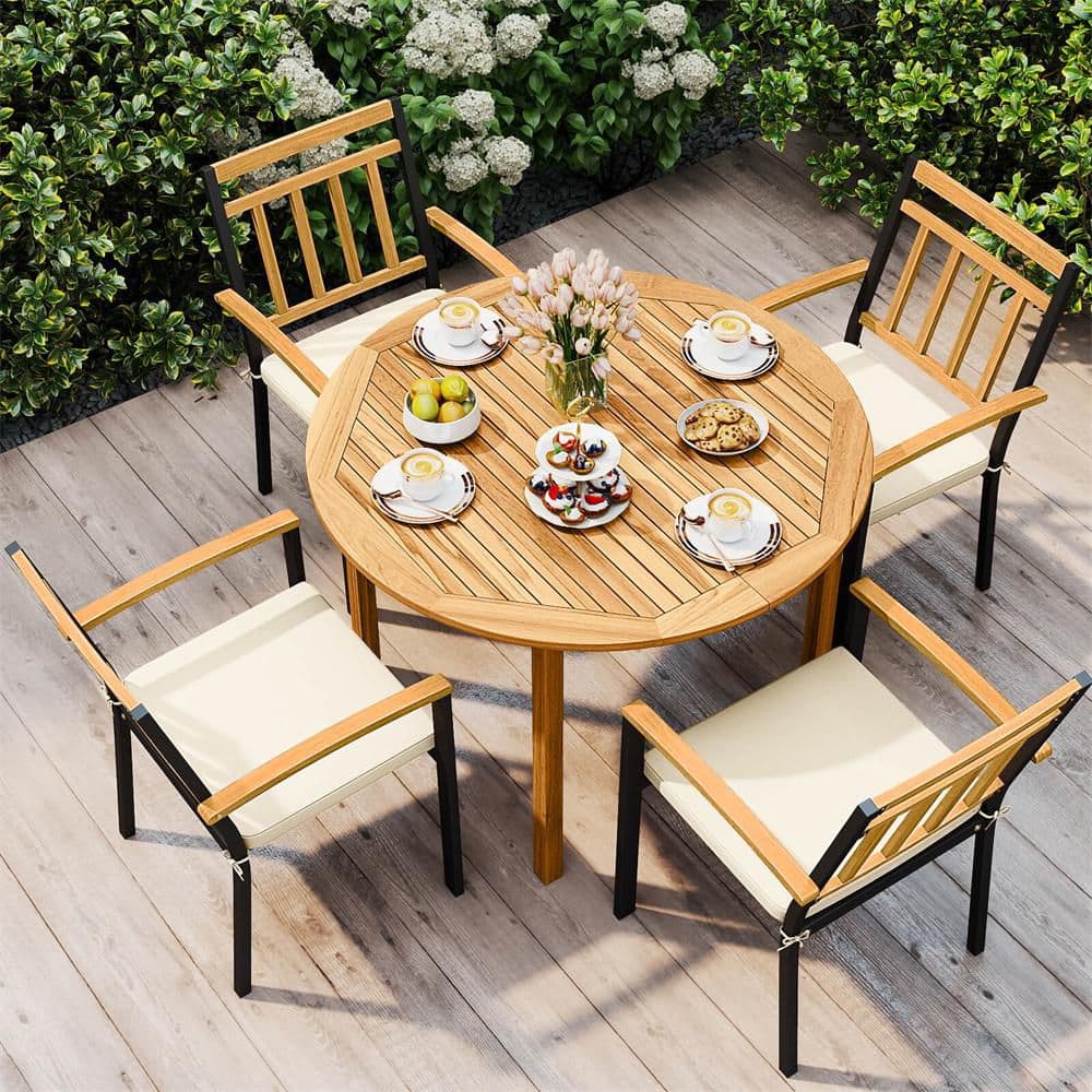 5 Piece Acacia Wood Outdoor Dining Set with Cushions for Porch, Balcony, Garden in Beige Cushion price history on PriceWatchPro