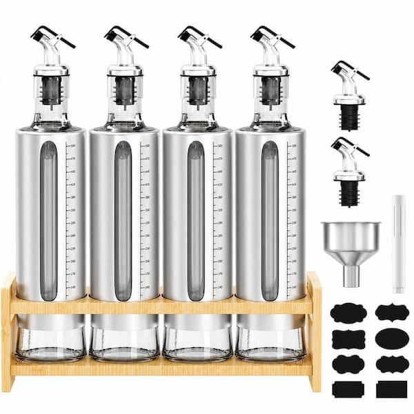 4-Pcs 17 oz. Glass Olive Oil Dispenser Bottle with Shelf, Oil and Vinegar Dispenser Set Wrapped in Stainless Steel Shell