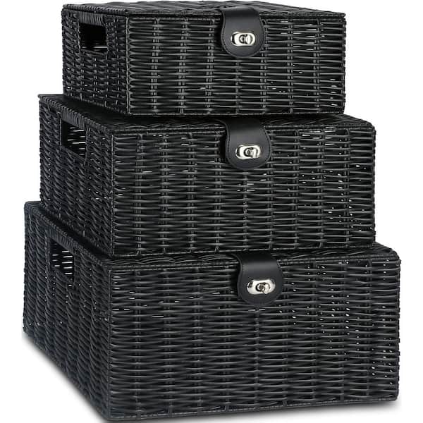 Unbranded Black 14.2 in. x 7.3 in. Polypropylene Decorative Basket Set of 3 with Lid