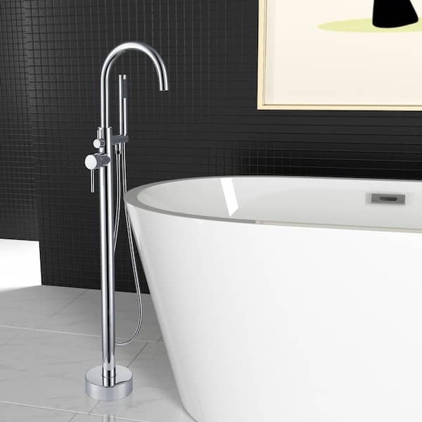 Single-Handle High Arch Floor Mount Freestanding Tub Faucet with Hand Shower in Chrome
