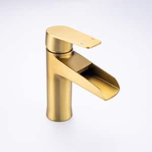 Waterfall Single Handle Single Hole Bathroom Faucet with Deckplate Included and Drain Kit Included in Gold