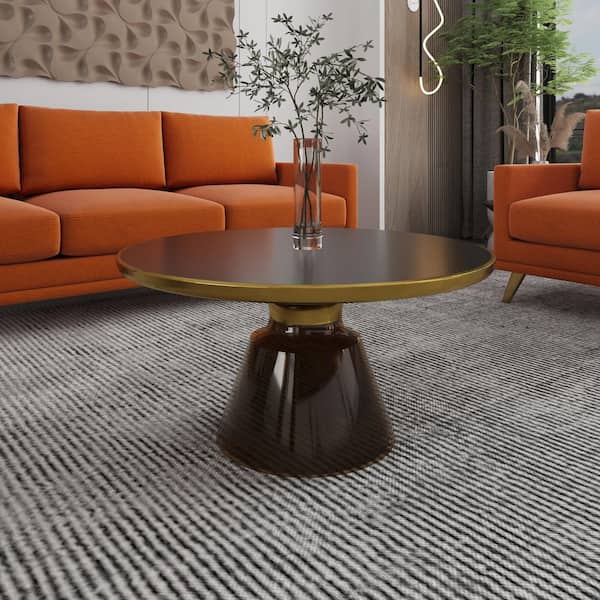 30 in. Round Coffee Table Glass Tabletop with Gold Iron Rim Frame and Glass Pedestal Base in Grey/Black