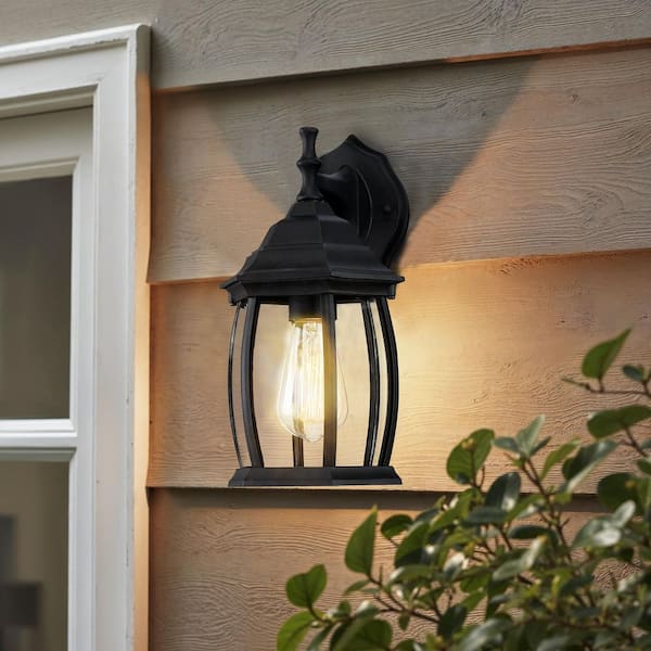 12.8 in. Black Lantern 1-Light Line Volatge Hardwired Outdoor Wall Light Sconce with No Bulb Included