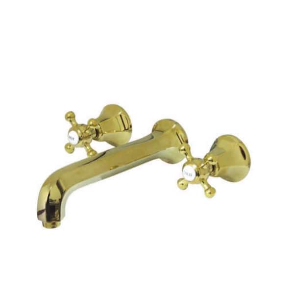 Kingston Brass 2-Handle Wall Mount Bathroom Faucet with Cross Handles in Polished Brass