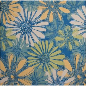 Home and Garden Blue 9 ft. x 9 ft. Floral Botanical Contemporary Indoor/Outdoor Square Area Rug