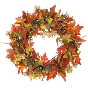 24 in. Orange and Yellow Battery Operated PreLit LED Artificial Christmas Wreath Fall with Harvest Leaf