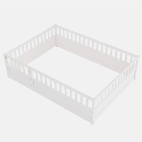 White Wood Frame Full Size Platform Bed with Super High Security Barrier, Door