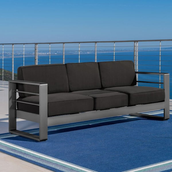 Gray Aluminum Outdoor Couch with Dark Gray Cushions and U-shaped Tray