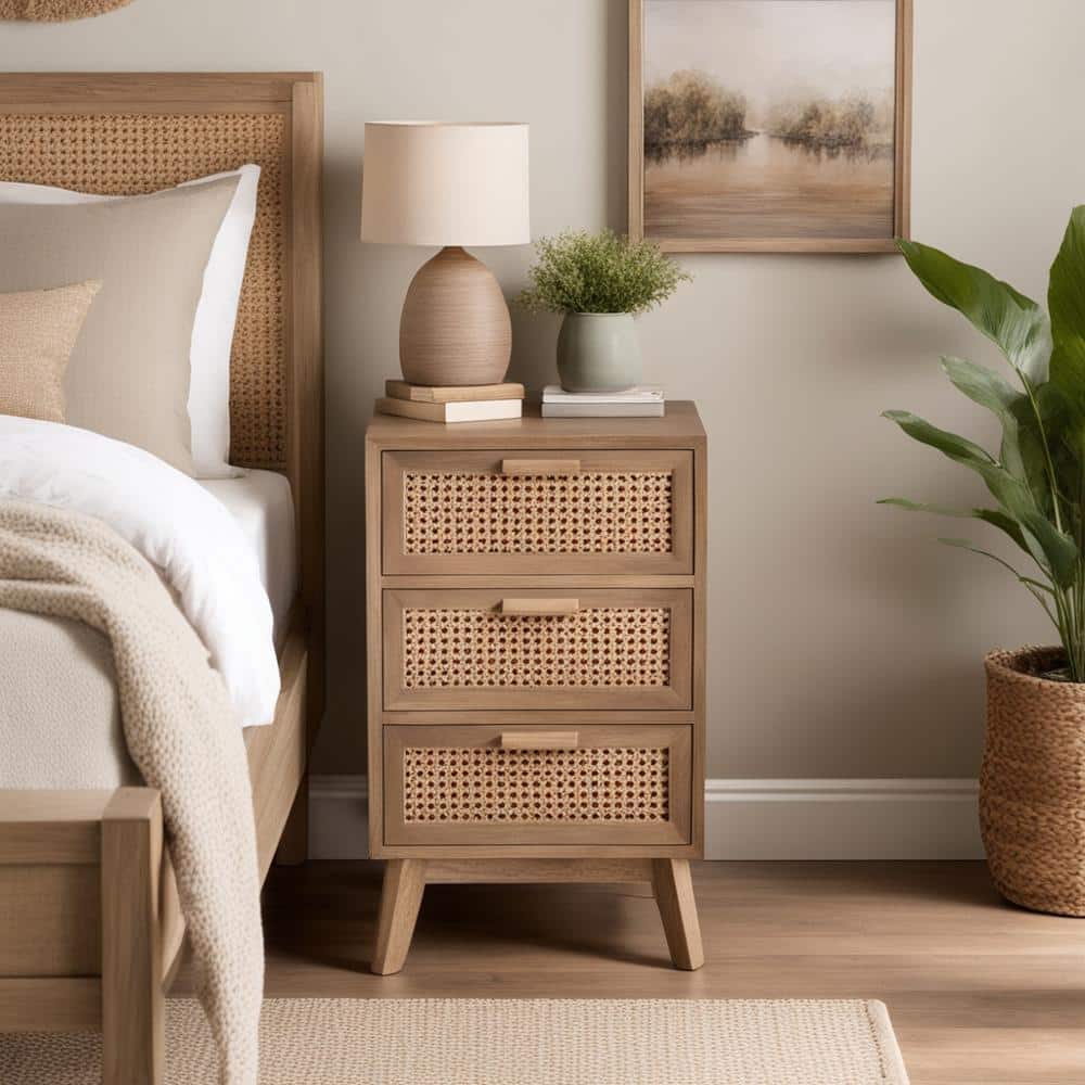 Walnut Brown Wood 3-Drawer Accent Table with Rattan