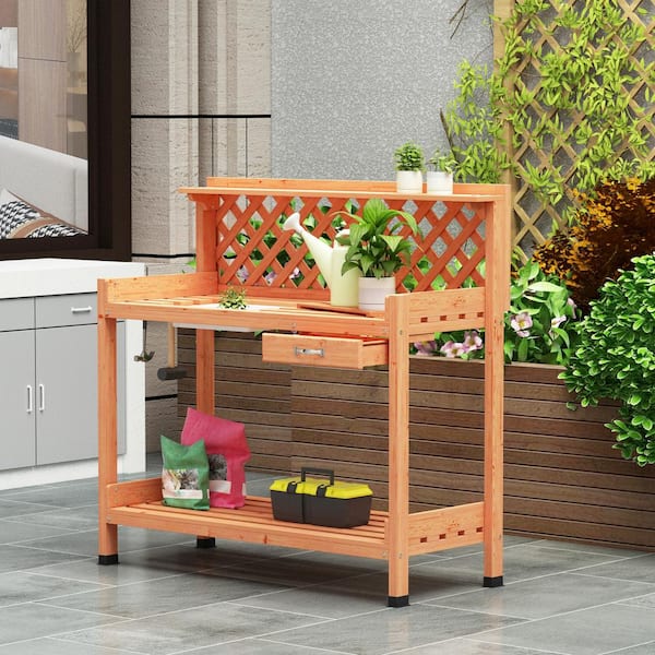Outdoor Workstation with Sink Open Storage Shelf Planter Bench Work Station with Hooks Open Storage Shelf lvssiao Garden Potting Bench with Sliding Drawer for Backyard Patio Balcony 