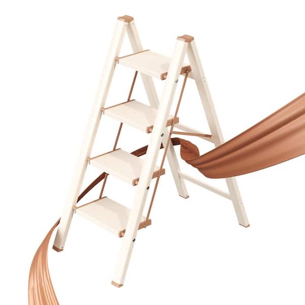 Reach 36.6 in. 4 Step 44 in. Capacity Chocolate White Elegant Look Ladder, Aluminum Folding Step Stool with Wider Pedal