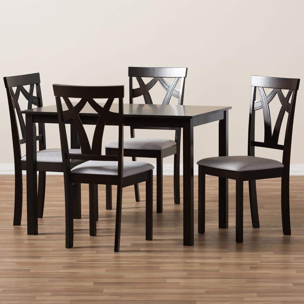 Sylvia 5-Piece Grey Fabric and Dark Brown Wood Dining Set