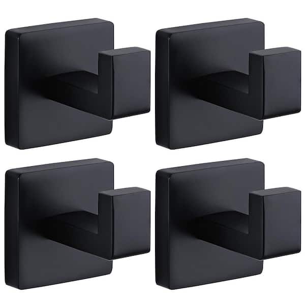 4 Pack J-Hook Bath Hooks in Matte Black for Bathroom Robe Hook Coat Hook, Wall Mounted Square Hooks
