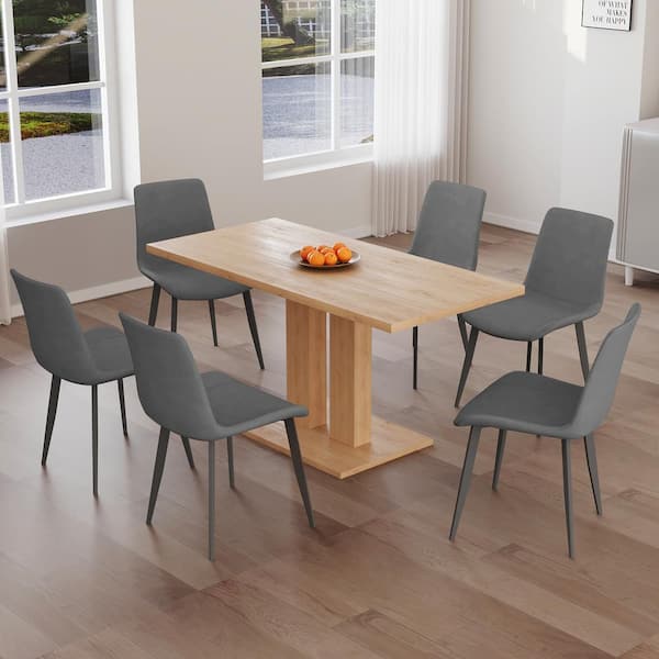 GOJANE 7-Piece Rectangle OAK MDF Table Top Dining Room Set Seating 6 with Grey Chairs