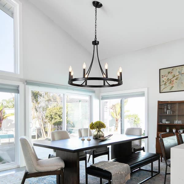 8-Light Matte Black Wagon Wheel Chandelier for Living Room Dinning Room with No Bulbs Included