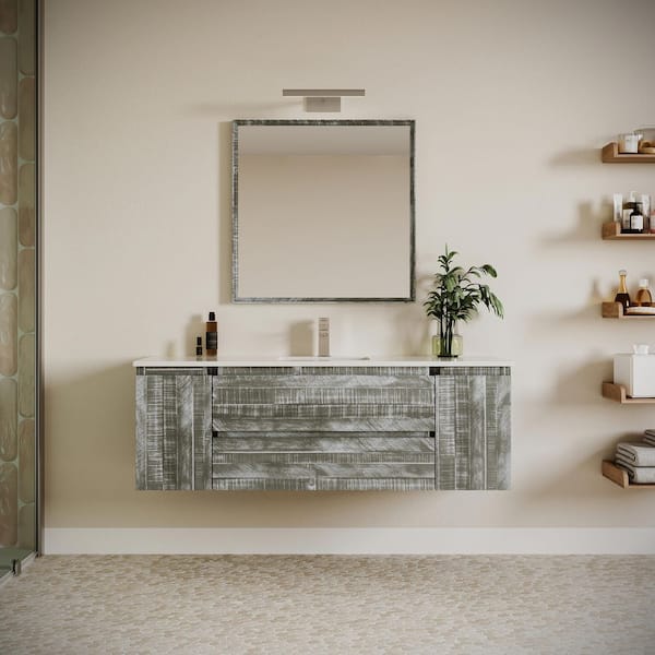 Formosa 60 in. Single Sink Wall Mount Floating Sage Gray Bath Vanity with White Quartz Top, Ceramic Sink and Mirror